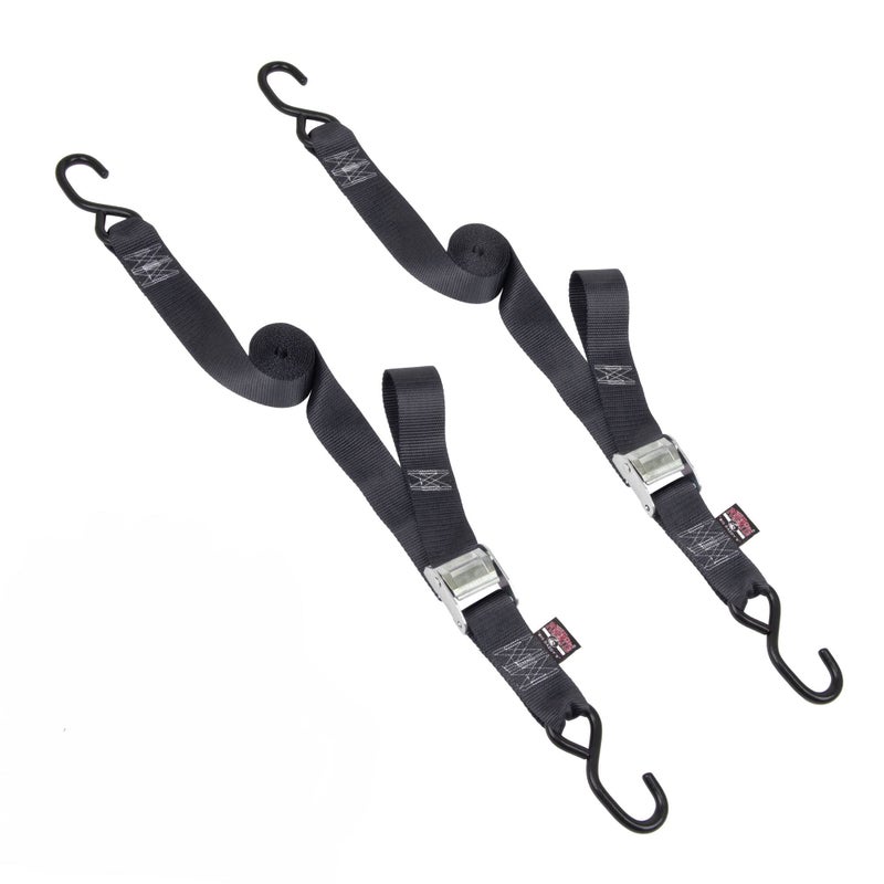 PowerTye Cam Buckle Tie Down Straps â€“ 2 inch x 8ft Straps with S-Hooks â€“ Ideal for Motorcycle, ATV, Trailers, and Truck Bed Cargo â€“ 600 lb WLL & 1,800 lb Break Strength â€“ USA Made, Black (Pair) - Image 1